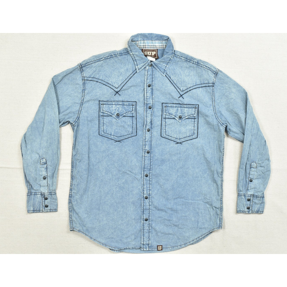 Cowboy Up Classic Fit Blue Acid Wash Western Snap Button Shirt Size L CB60203